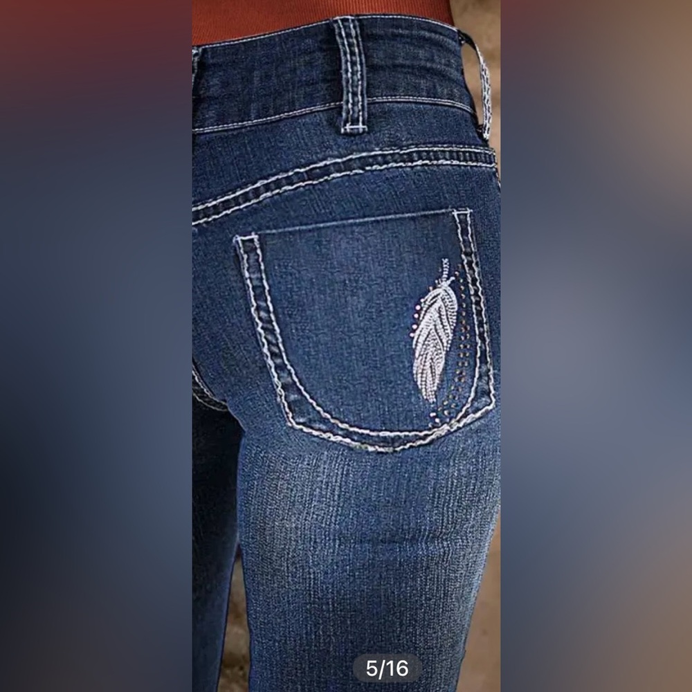 Flamingals Feather Embroidery Split Hem Mid Waist Bootcut Jeans Size Large NWT - Picture 4 of 14